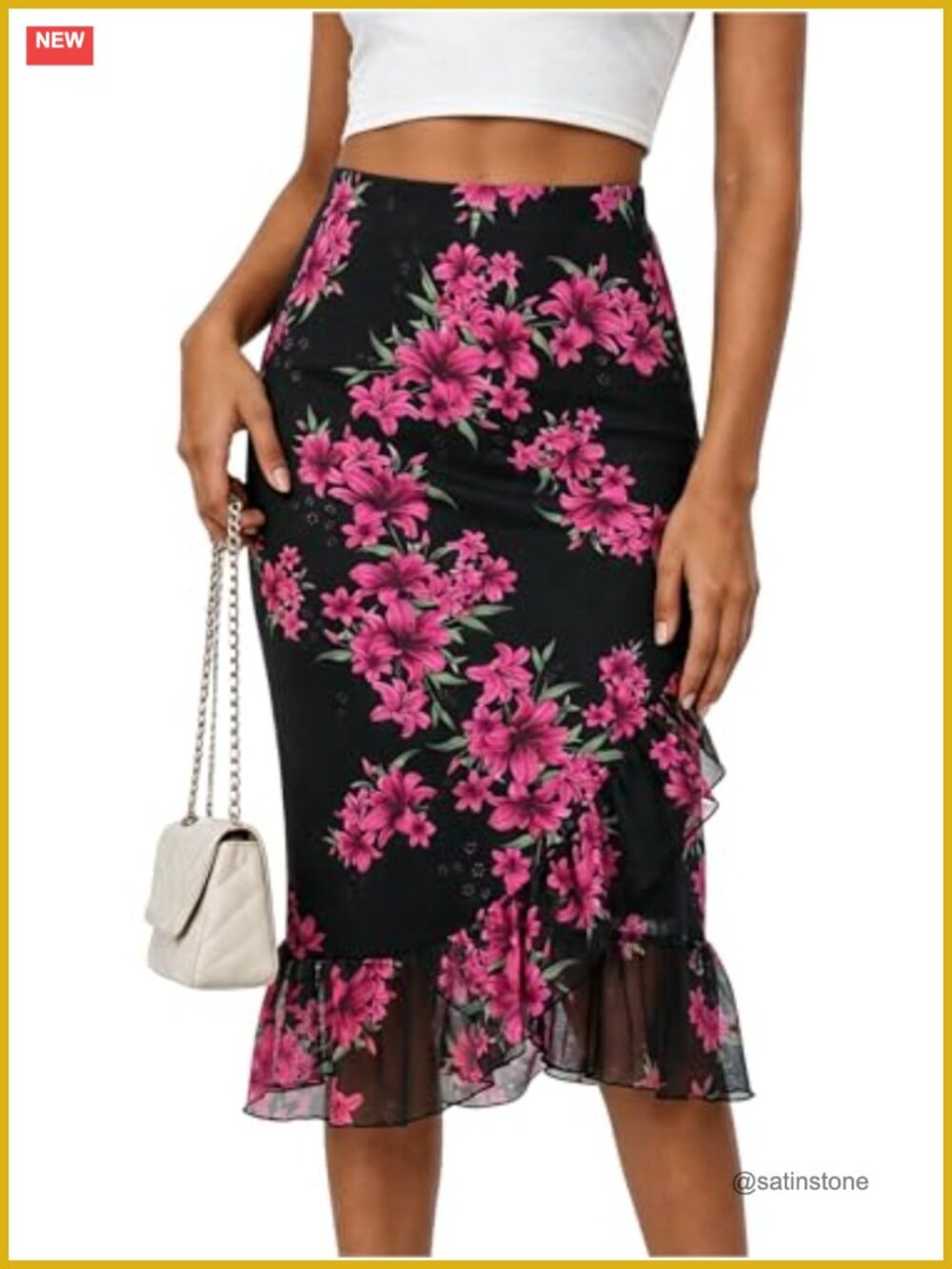 Women's Floral Mesh Midi Skirt High Waist Fishtail Flowy Boho